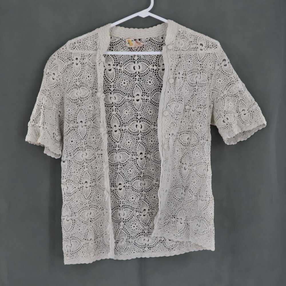 Vintage Crochet Cardigan Womens XL Cream Grannycore Cottagecore Boho Resort Wear